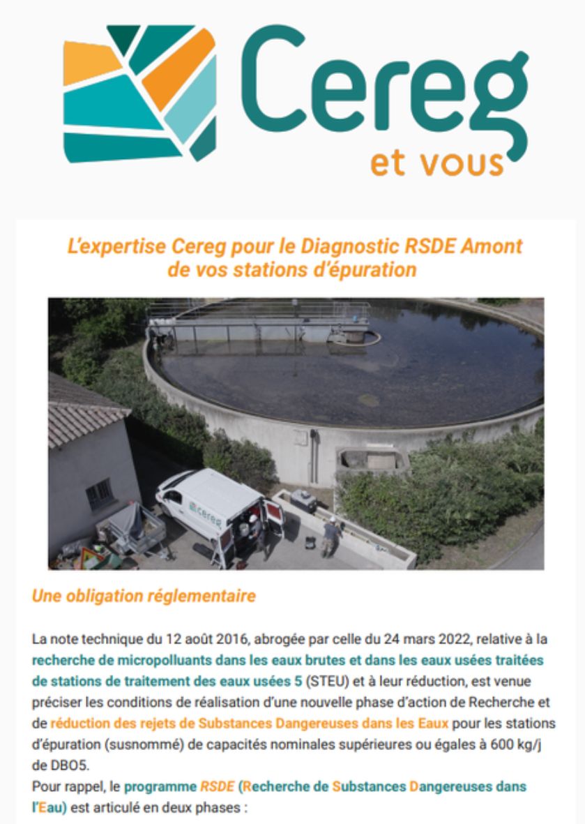Newsletter Cereg | L’expertise Cereg pour le Diagnostic RSDE Amont de vos stations d’épuration